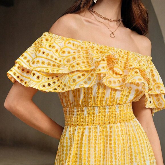 Yellow Party Women's Light Hollow Out Romantic Strapless Dress - Picture 2 of 7